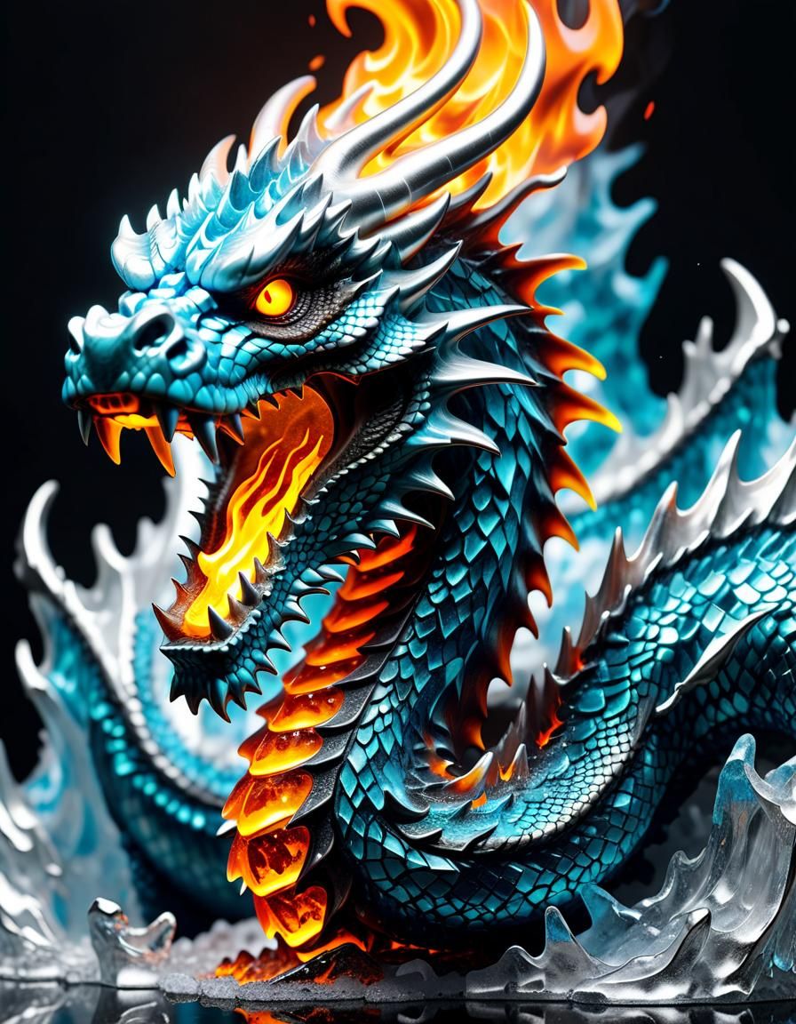4D Dragon Sculpture with Ice and Fire