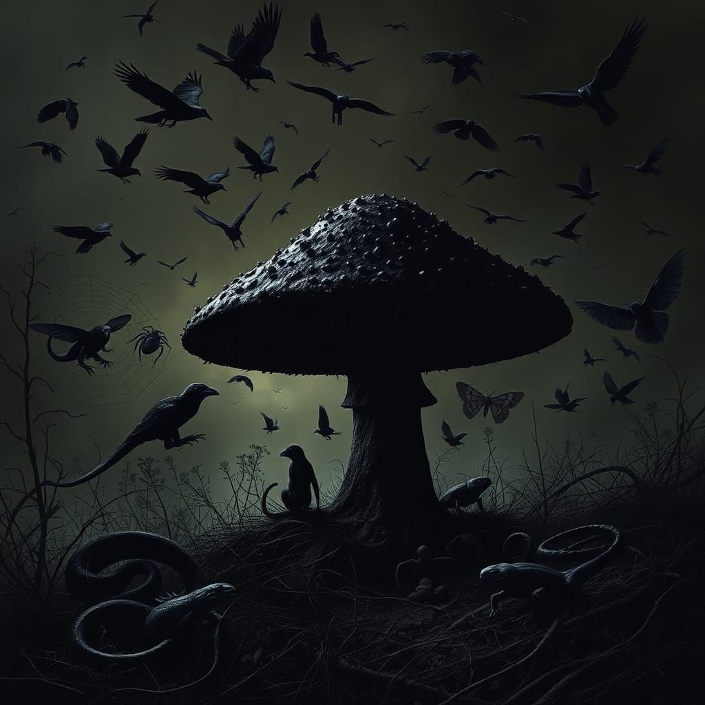 Dark Realm of Black Creatures in Surreal Style