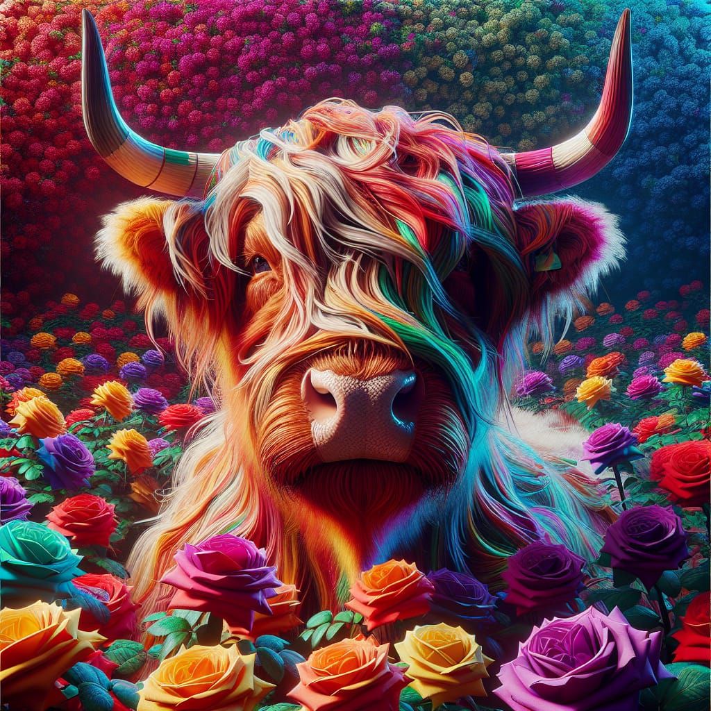 Highland Cow Portrait in Rainbow Rose Field