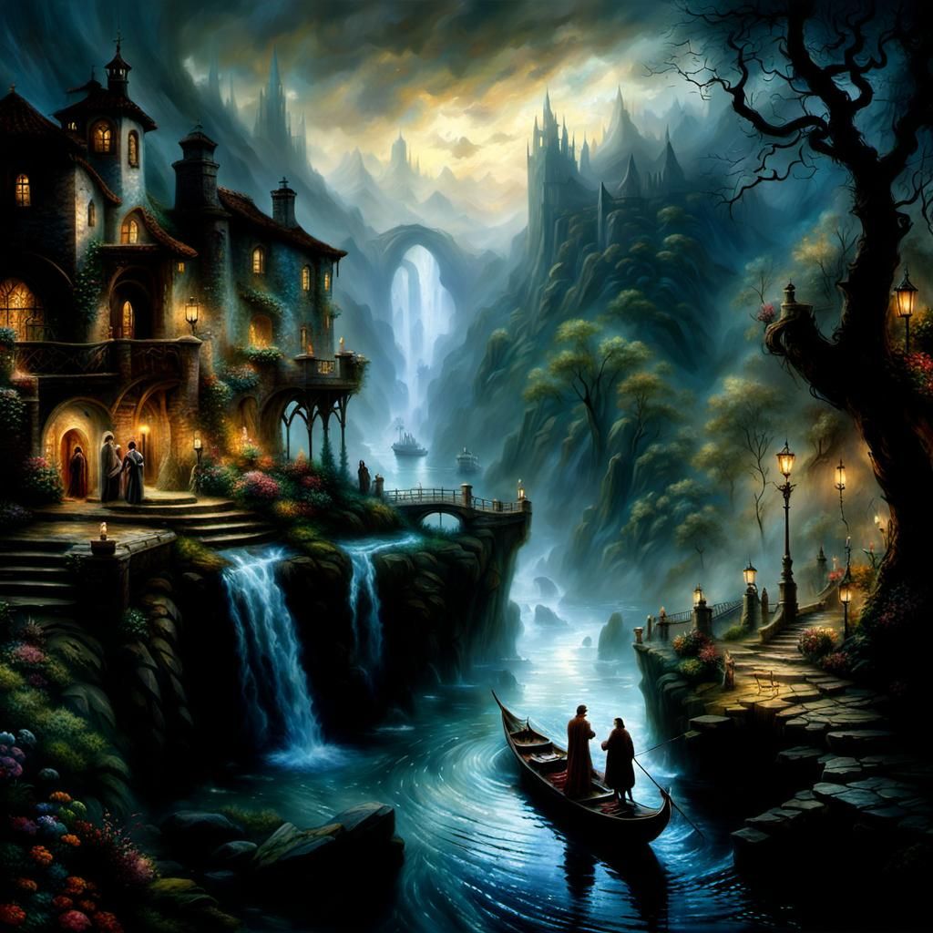 Ethereal Fantasy River Scene in Maximalist Style