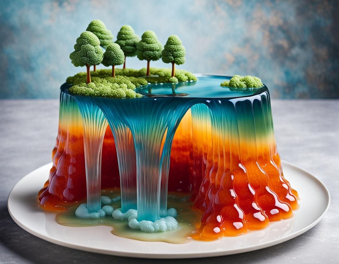 Waterfall Landscape: Intricate Jelly Dessert Photography