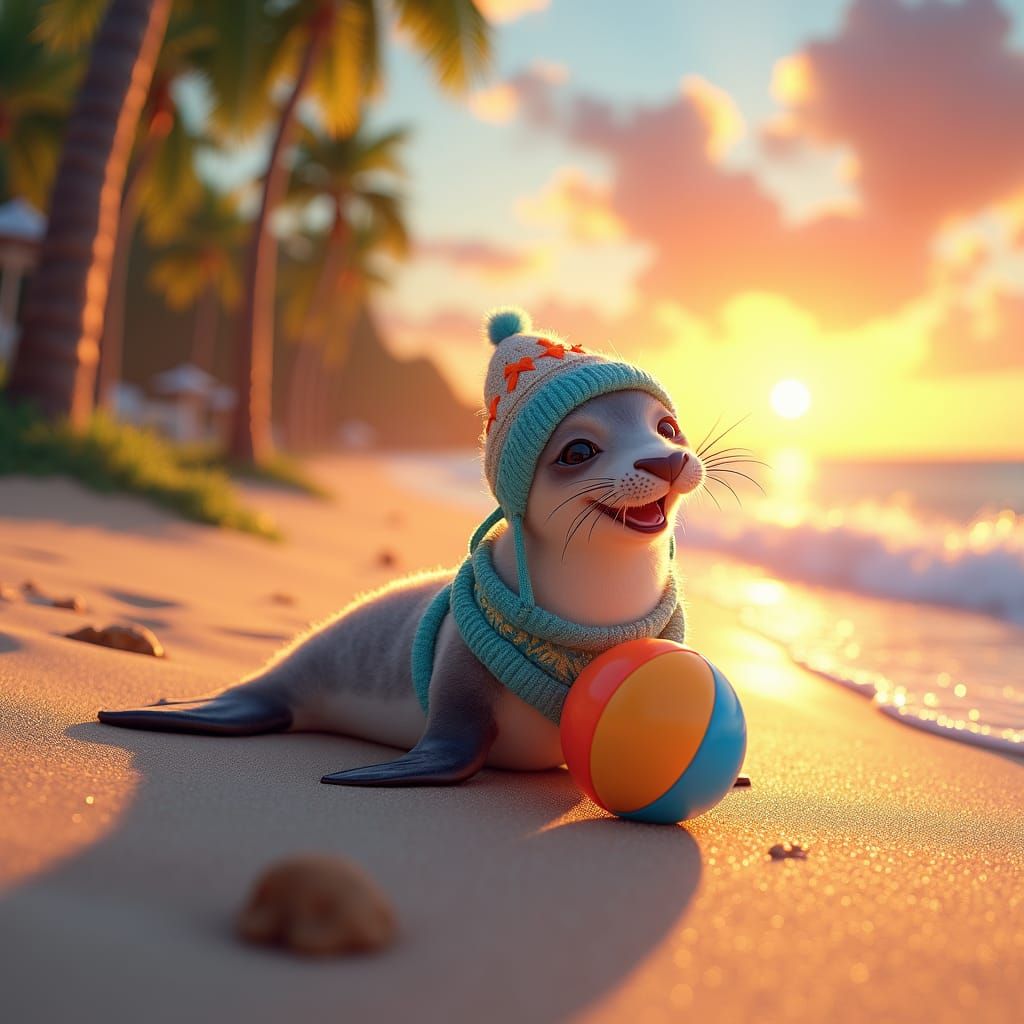 Playful Baby Seal on Beach as Dreamy Matte Painting
