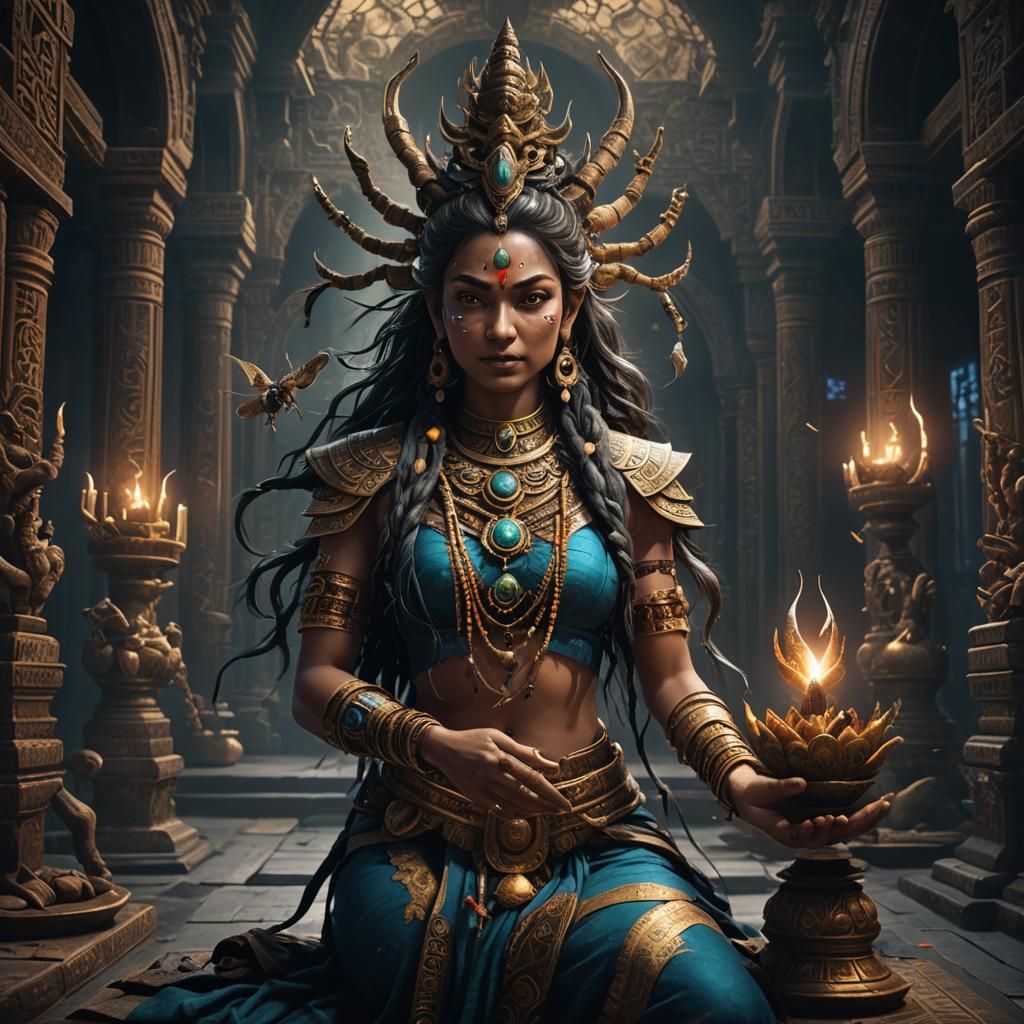 Mysterious Insect Shiva Woman in Dark Palace