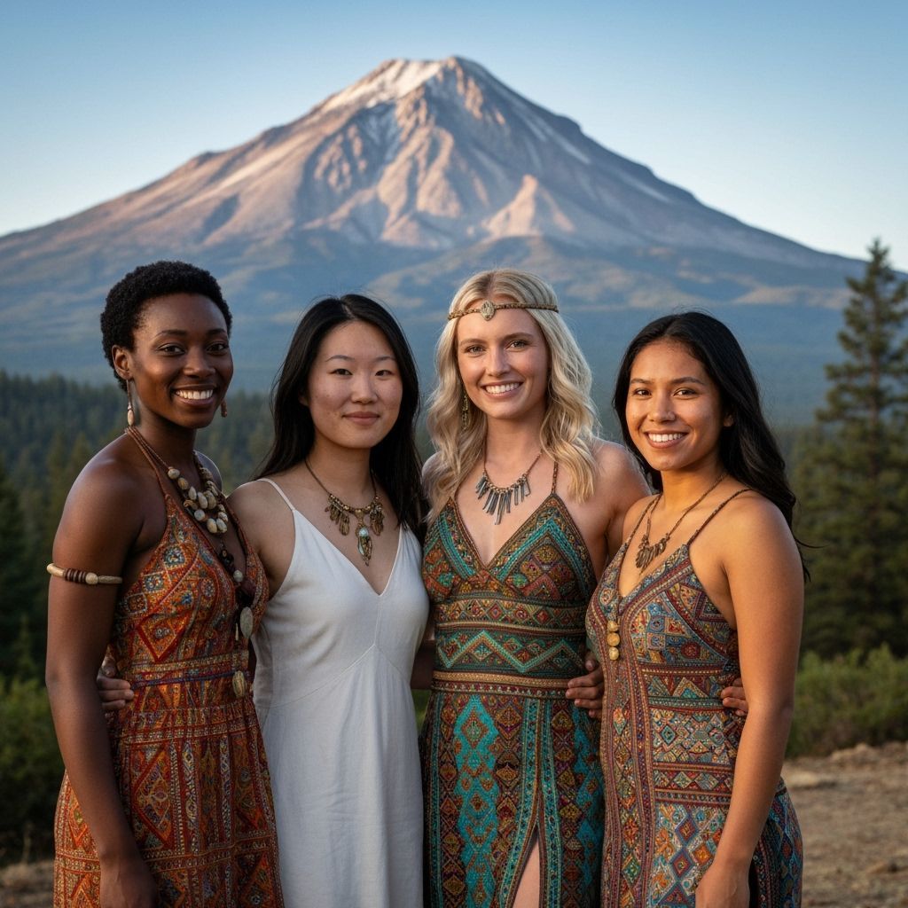 Diverse Women in Lemurian Dresses at Mount Shasta