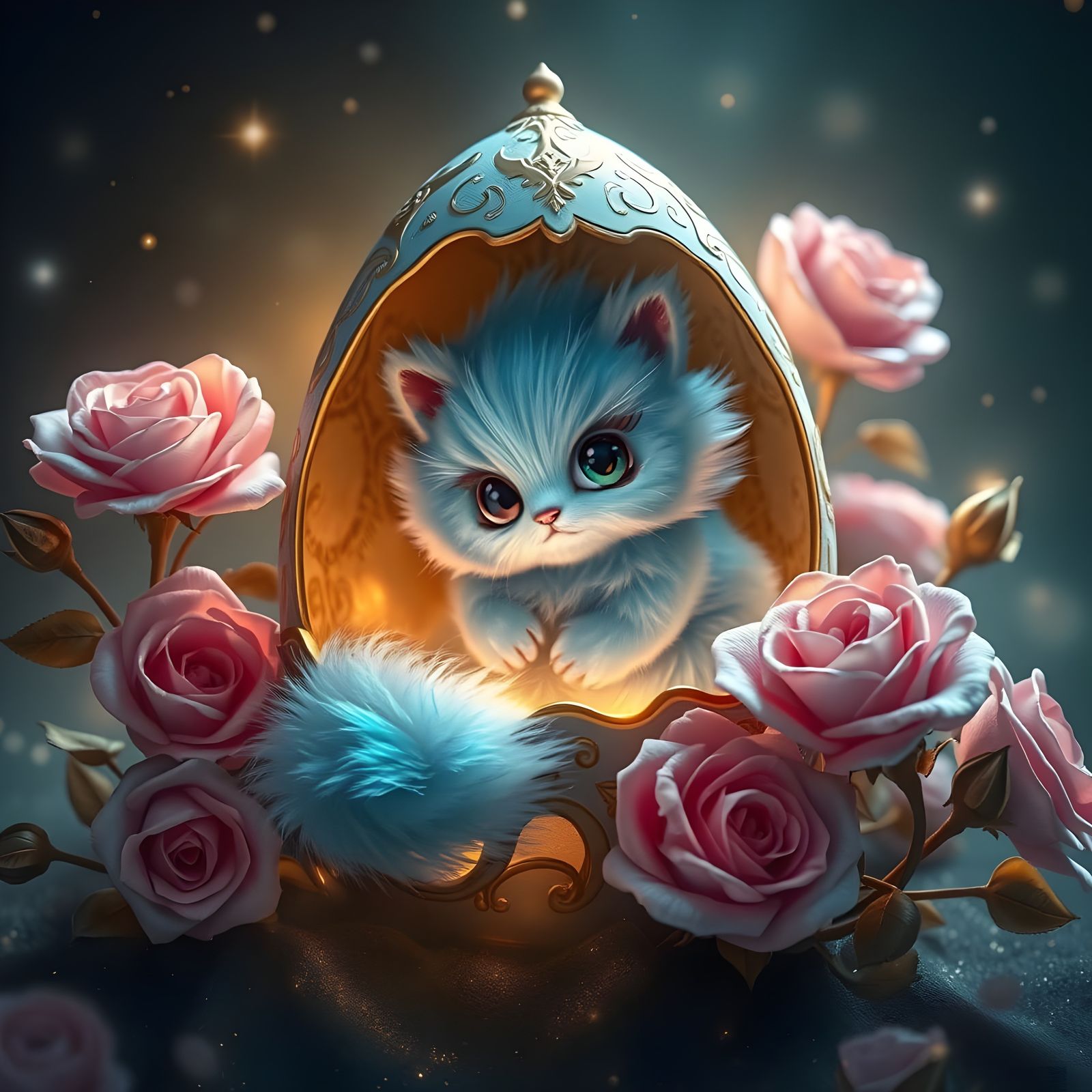 Whimsical Blue Cat Enchantress in an Eggshell Haven