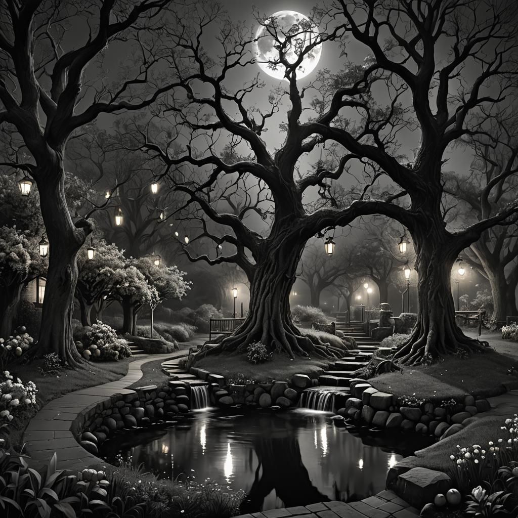Enchanted Orchard at Night: Dark Fantasy Concept Art