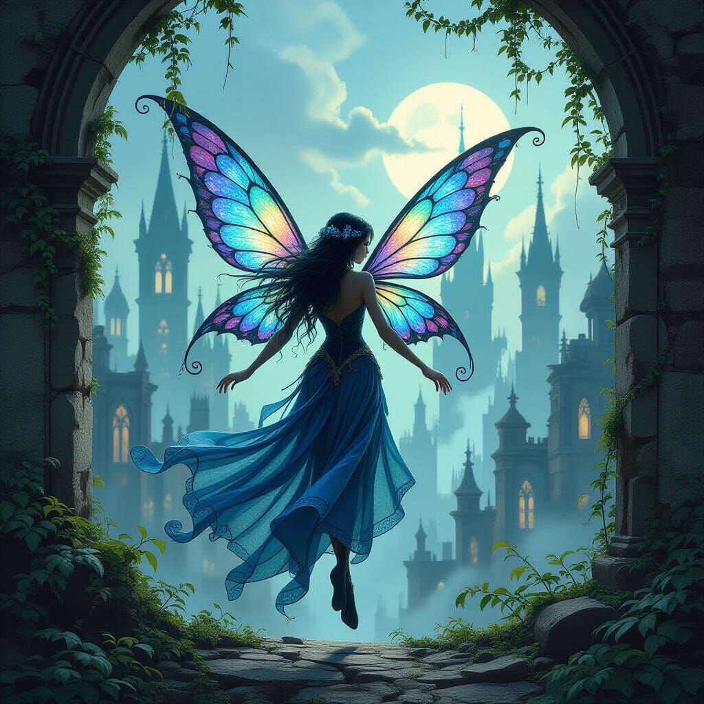 Ethereal Fairy Dancing in Forgotten City Ruins