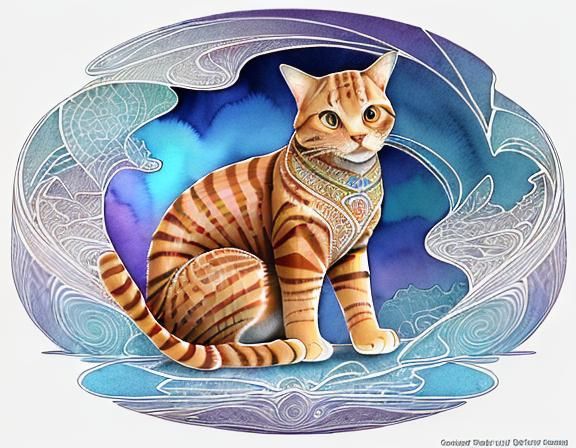 a geometric ginger tabby cat, geometric line drawing, intric...