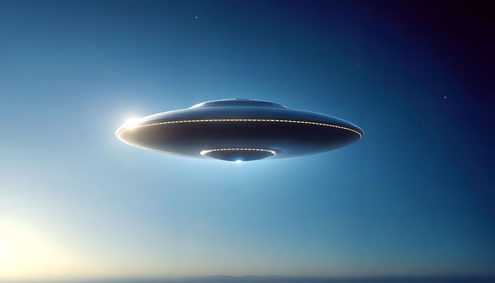 Sleek Silver UFO Floats in Azure Sky