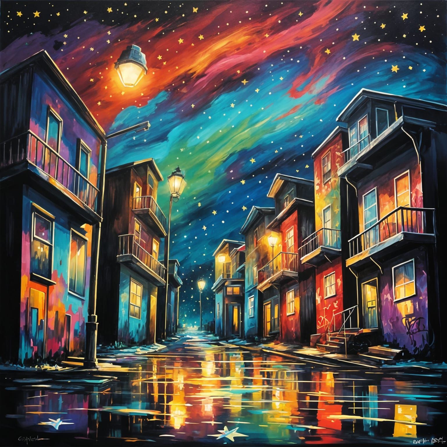 Vibrant Night Cityscape with Stars and Glowing Streetlights