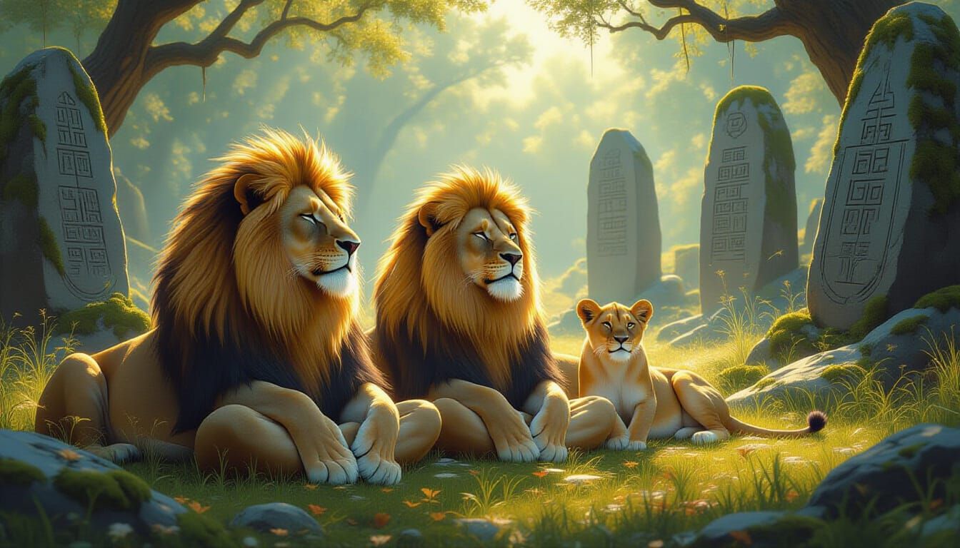 Lion Family Meditating in Sun-Dappled Glade