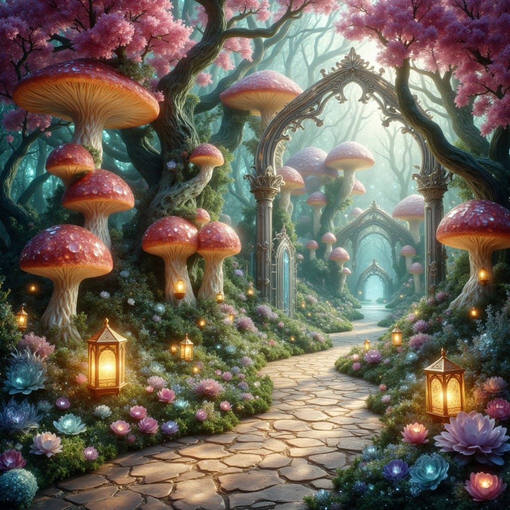 Magical Fairy Gate to Enchanted Woodland with Mushroom House...