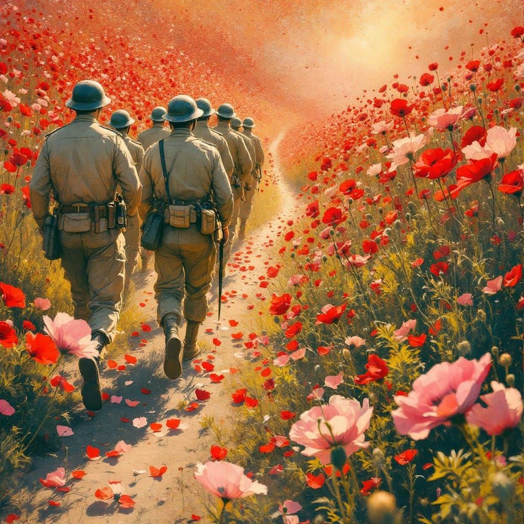 British Soldiers Marching Through Poppy Field