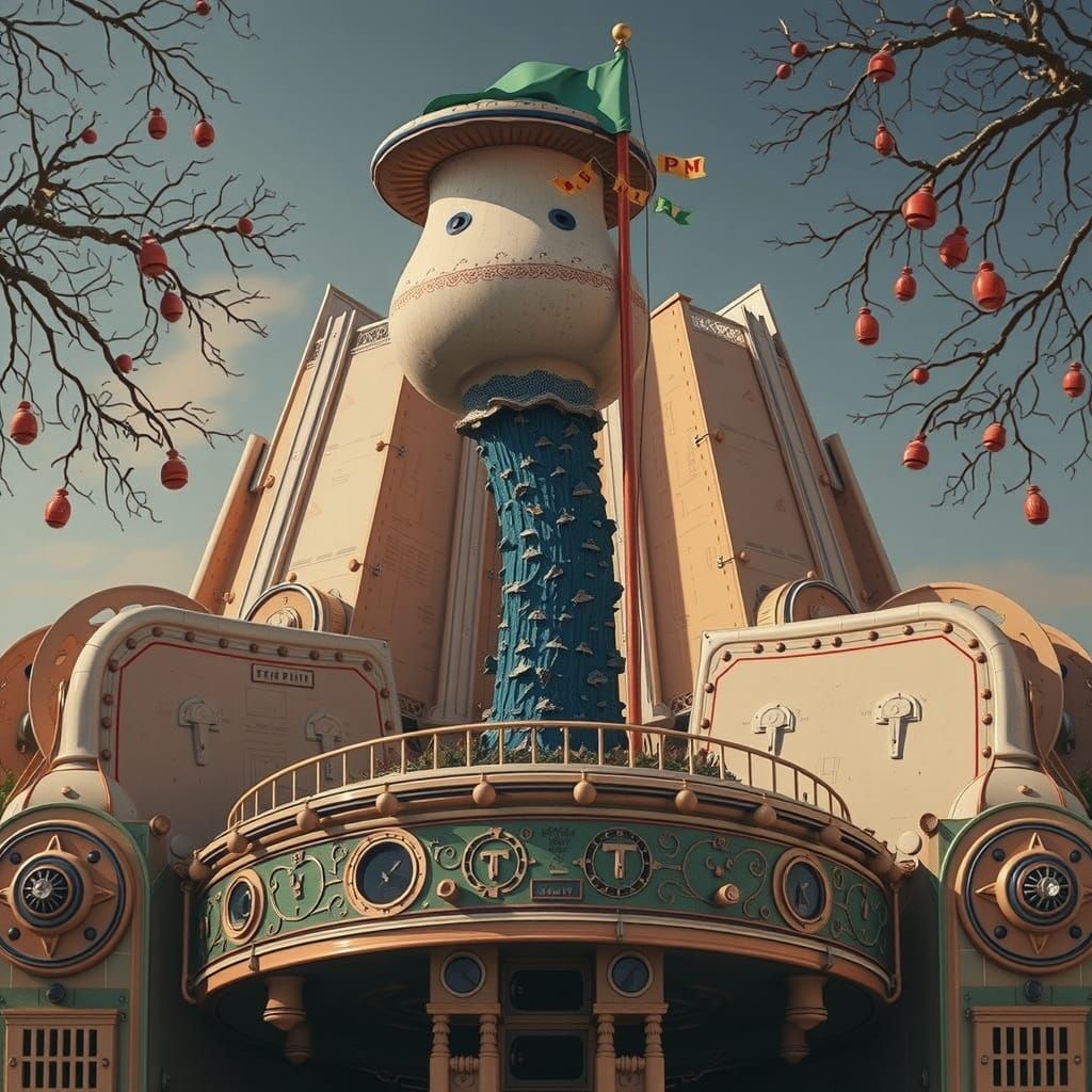 Whimsical Hyperreal Mushroom Scene in Modernist Style