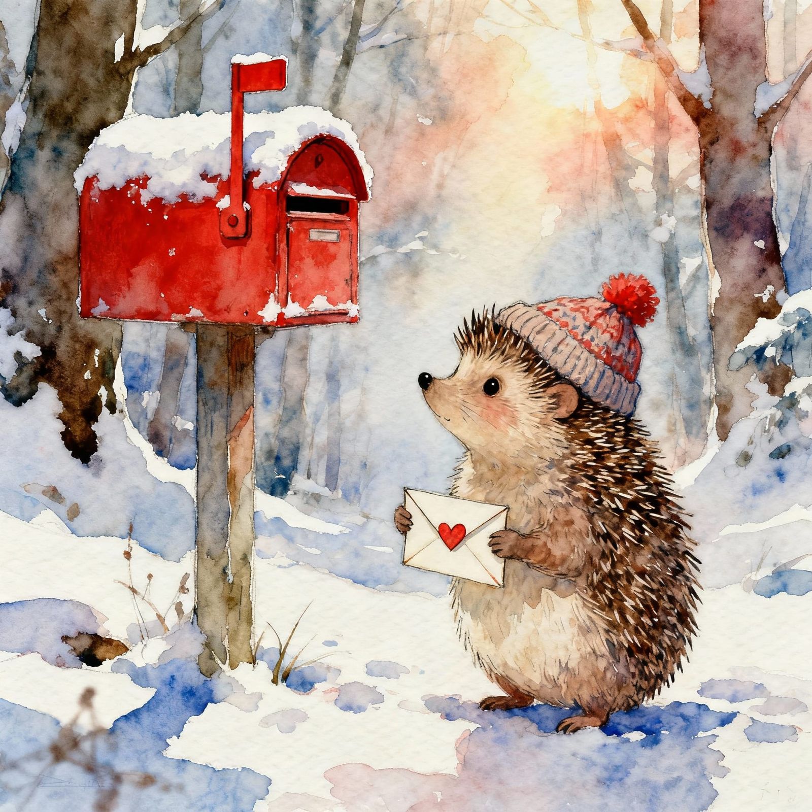 Cute Hedgehog in Snowy Forest with Mailbox
