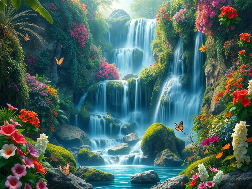 Lush Paradise Landscape with Flowing Waterfall