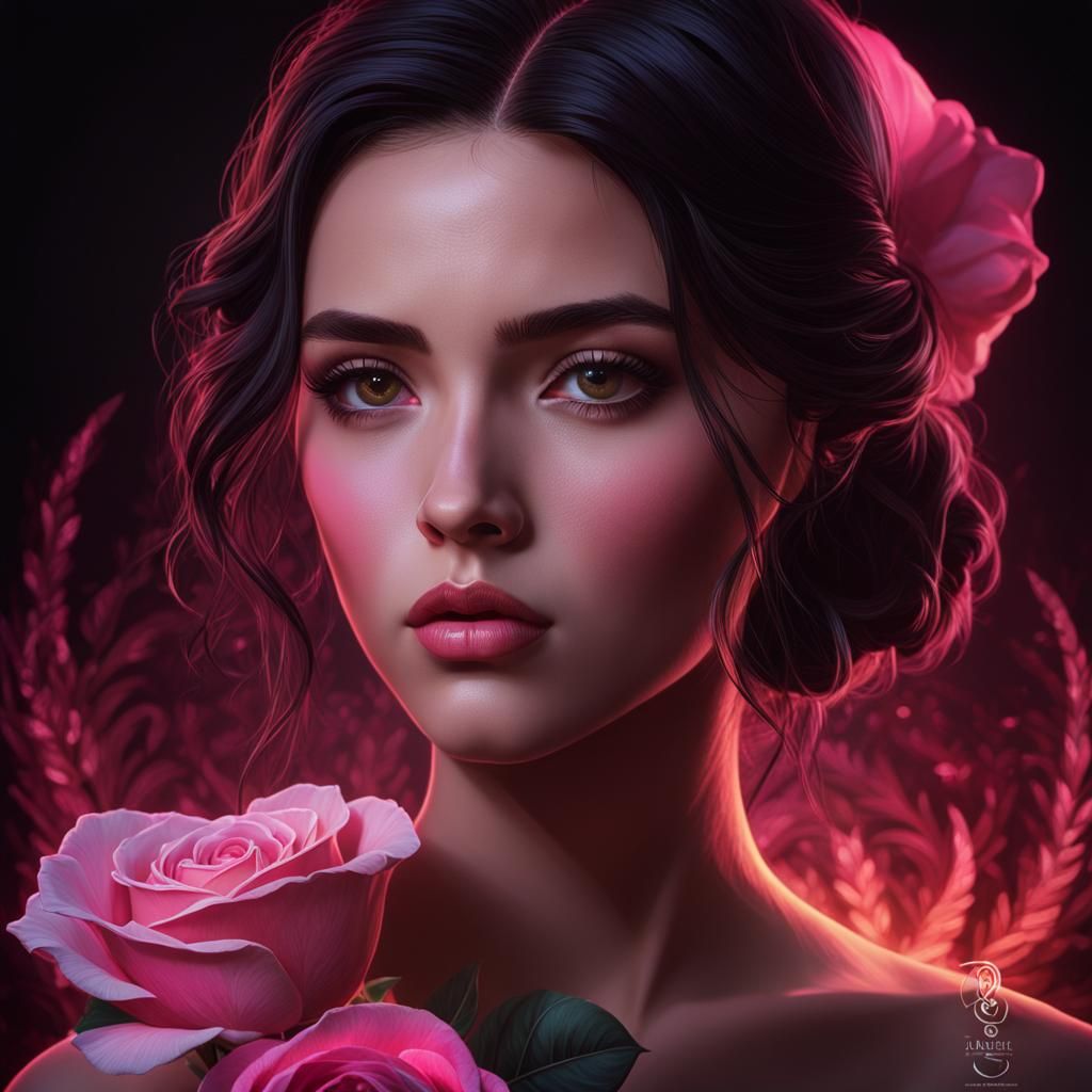 Rose in Hair: Digital Portrait with Art Nouveau Elements