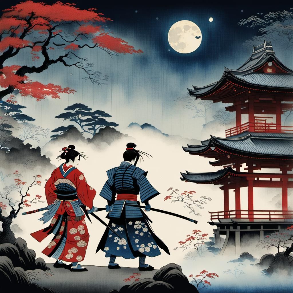 Samurai Defending Geisha from Oni in Ukiyo-e Style