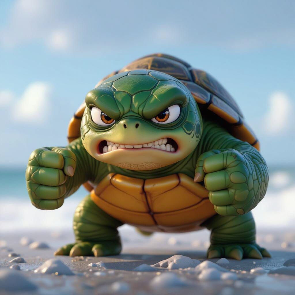 Angry Baby Turtle with Clenched Fists, Hyperrealistic Style