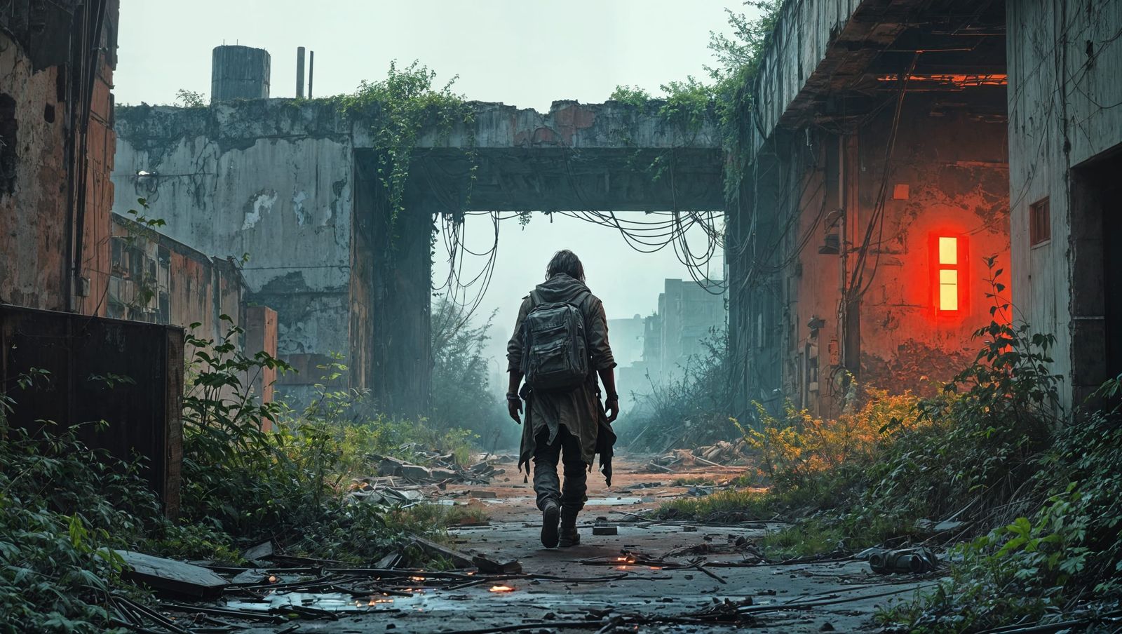 Wasteland Vagabond in Dystopian Military Ruins