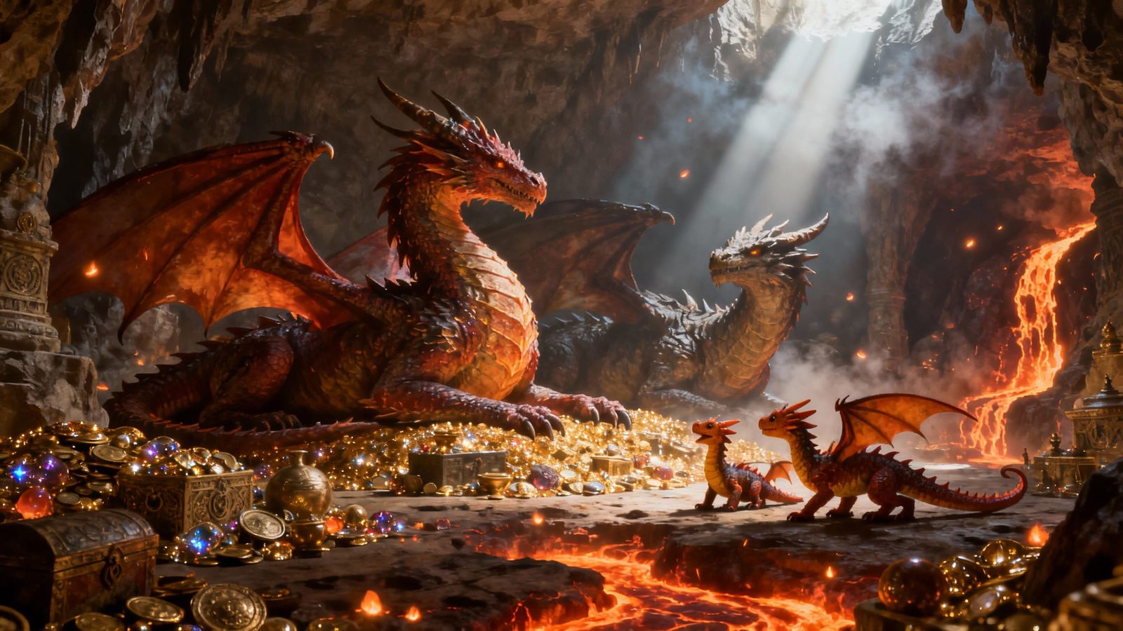 Majestic Dragon Family in Treasure-Filled Lair