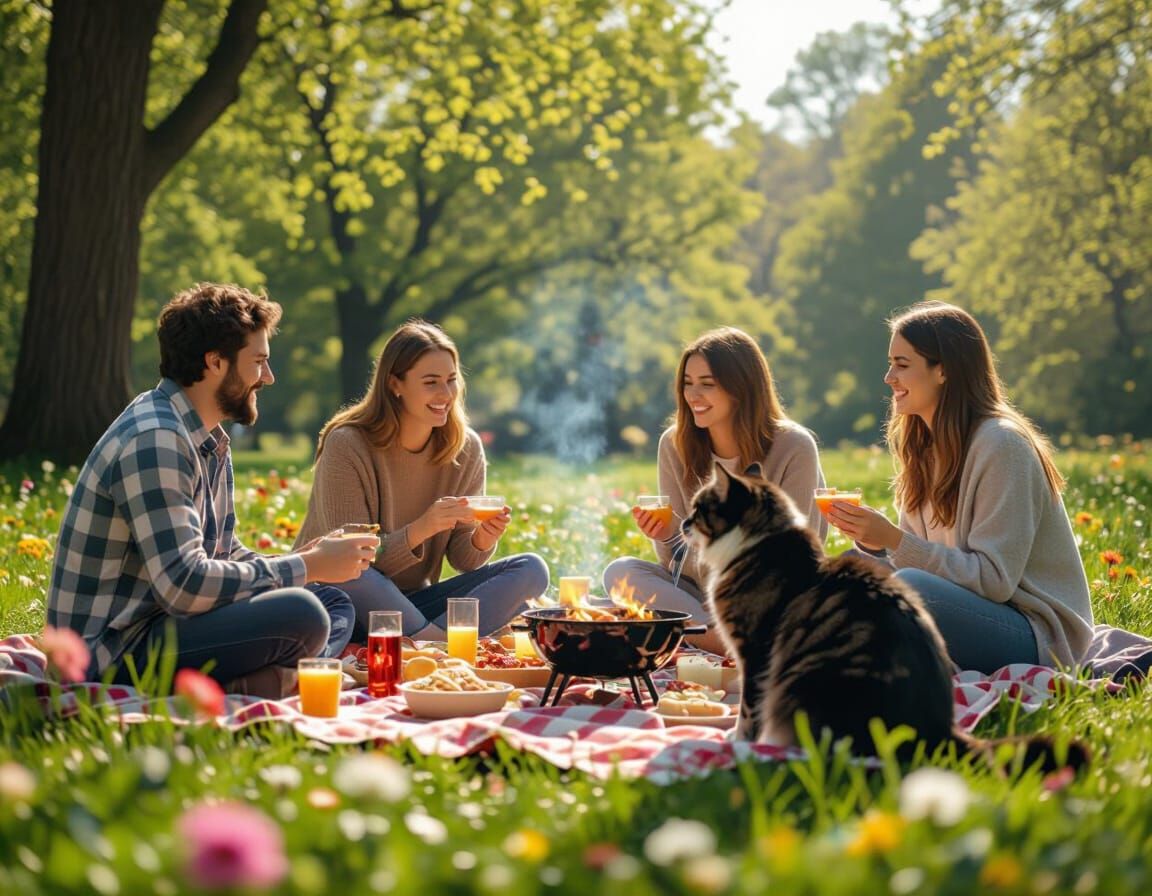 Cinematic Picnic: Cat and Friends in Vibrant Park