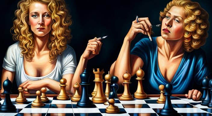 Hyperrealistic Chess Game with Blond and Red-Haired Figures