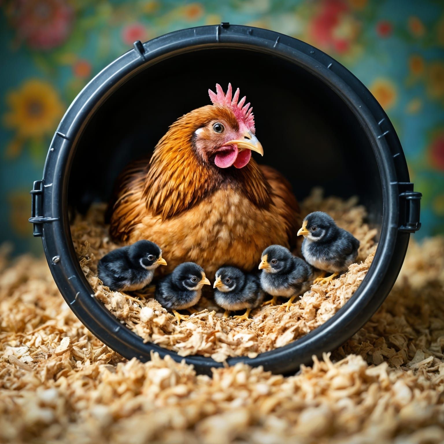 Buff Orpington Hen with Black Chicks, Hyperrealistic