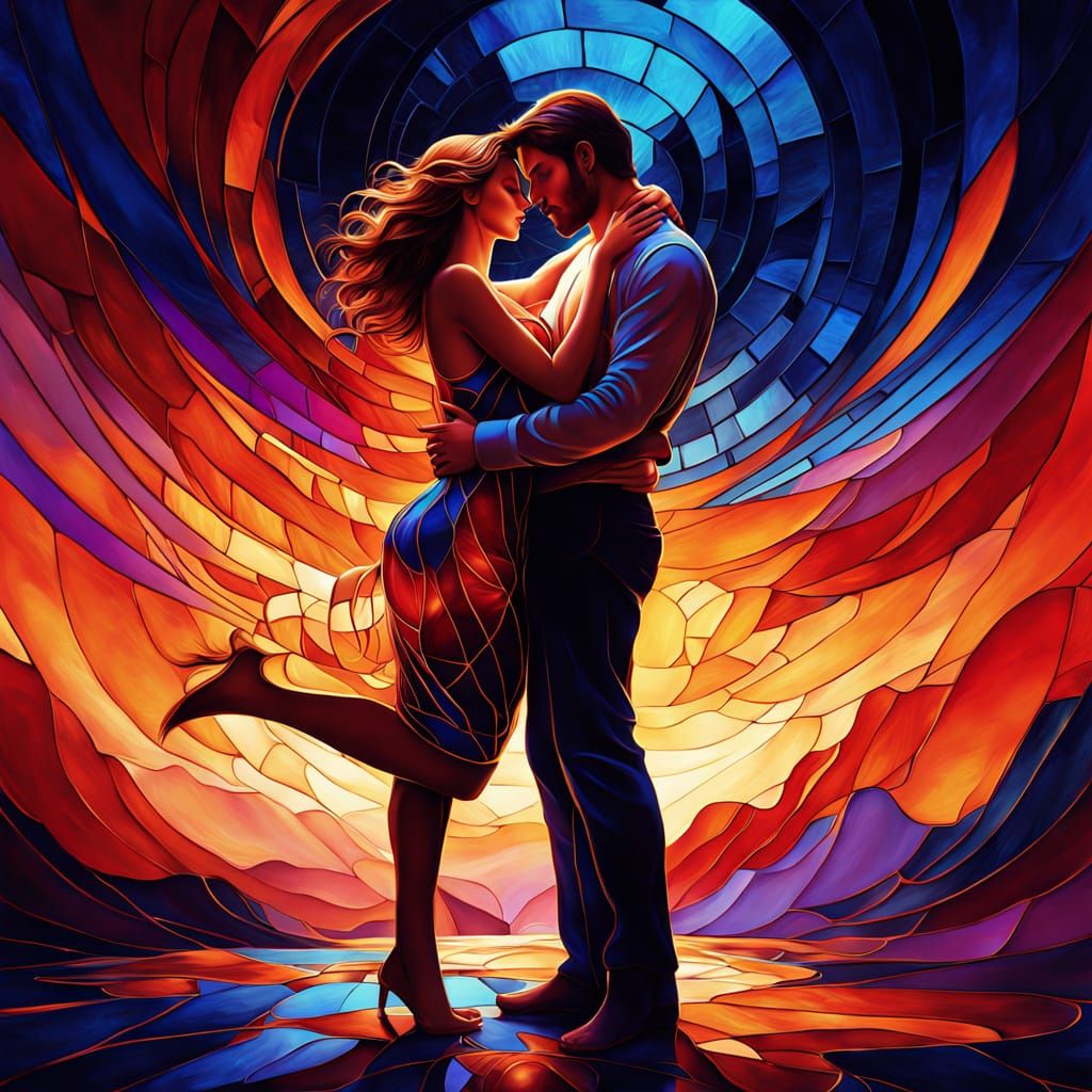 Passionate Embrace in Digital Stained-Glass Painting