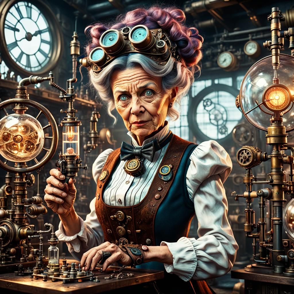 Funny Steampunk Scientist in her Lab, Detailed Photo