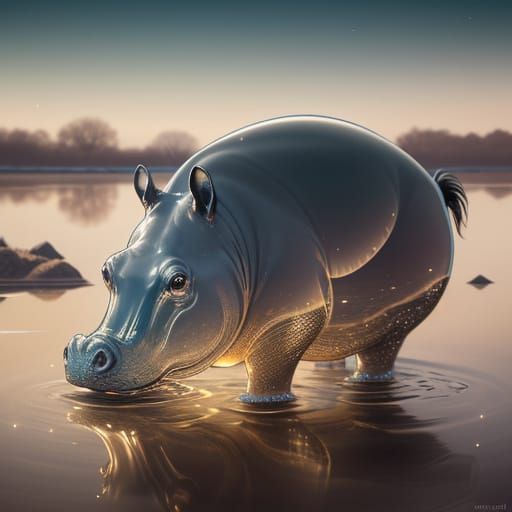 Glass Hippopotamus in Ethereal River Scene