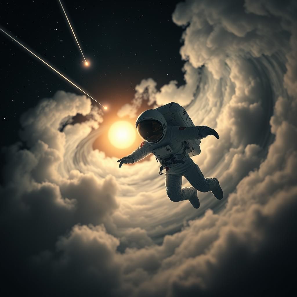 Astronaut Floats Among Meteorites in Zero Gravity