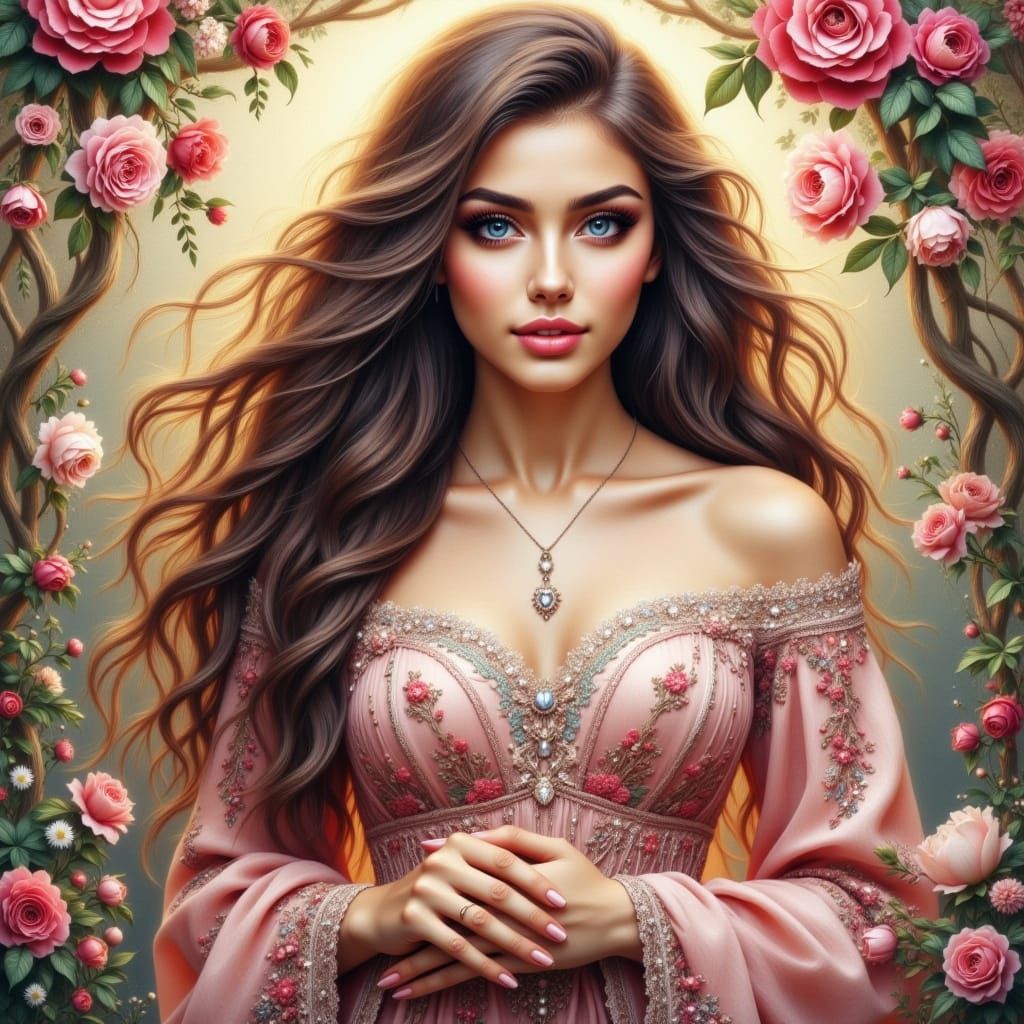 Ethereal Beauty in Gemstone Robes Among Vibrant Florals