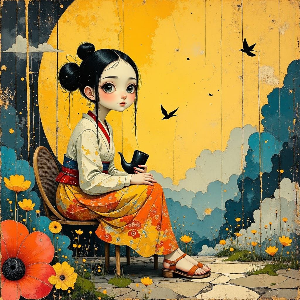 Kimono girl smoking her pipe in the garden