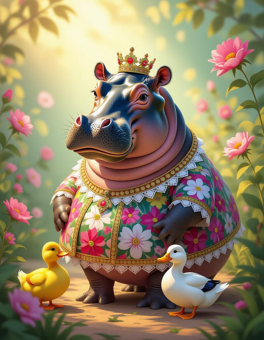 Patchwork Hippopotamus Portrait in Ornate Dress