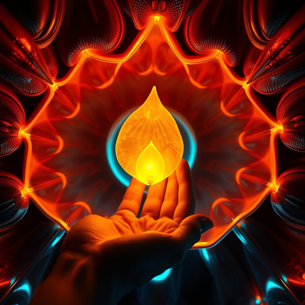 Glowing Seed-Petal in Retro-Futuristic Sanctuary