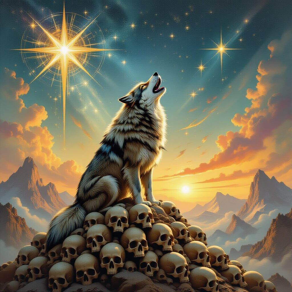 Lone Wolf Howling at Cosmic Sky Over Skull Mountain