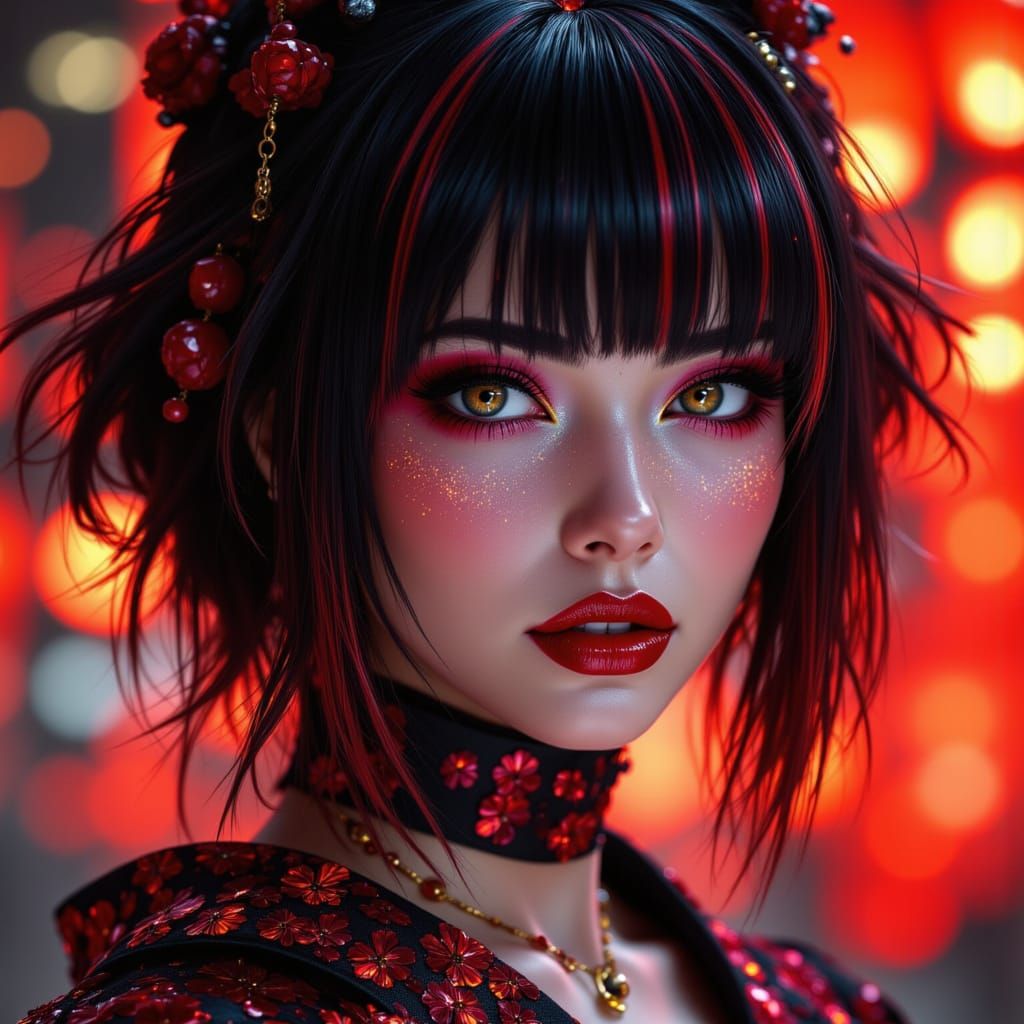 Romantic Asian Goth Geisha in Chiaroscuro