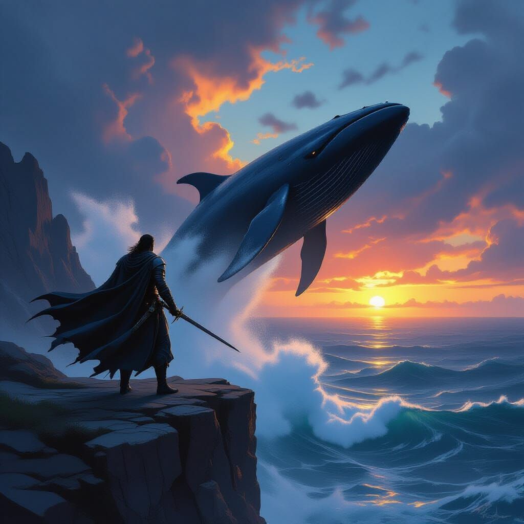 Epic Fantasy Swordsman & Whale on Stormy Cliff
