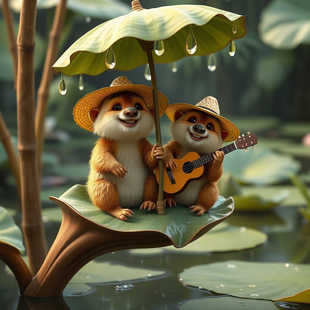 Pixar-Style Marmots in Jungle Scene with Lotus Umbrella