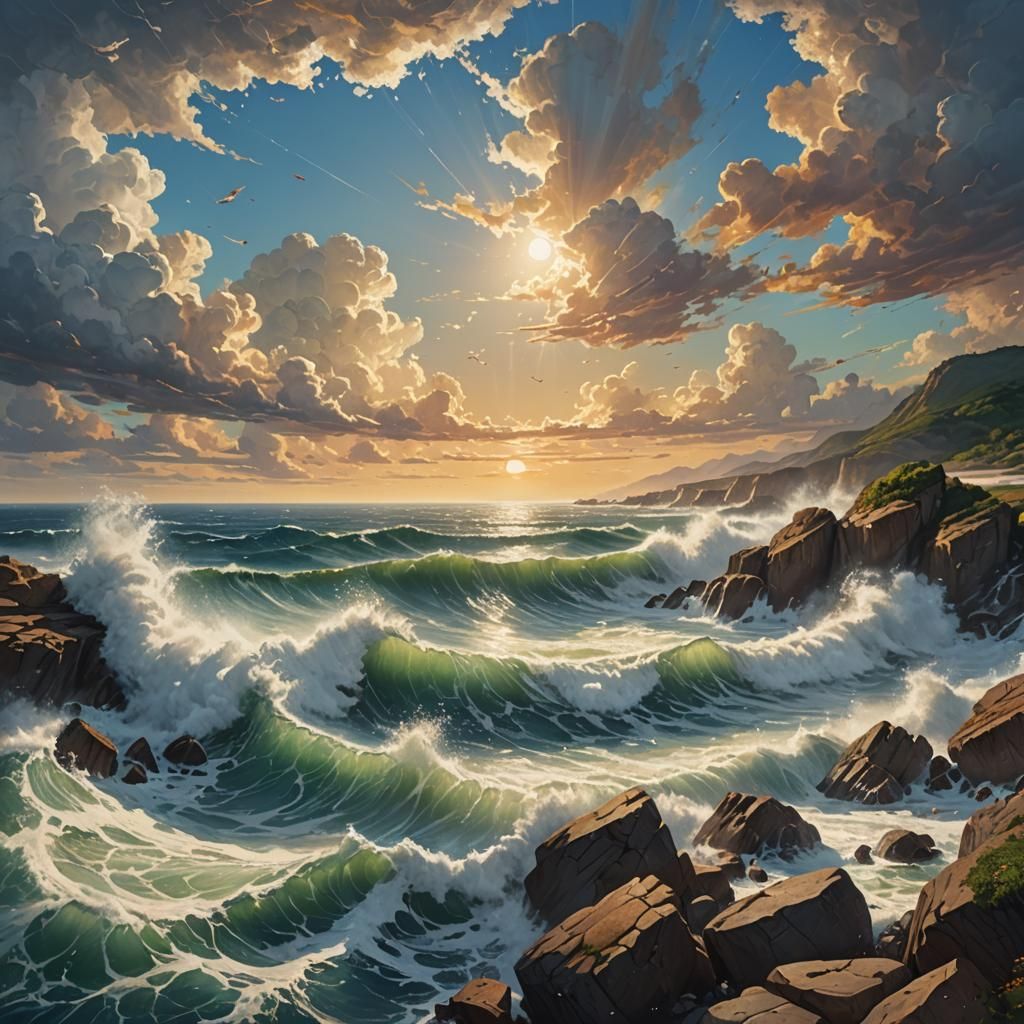 Hyperrealistic Seascape with Sunny Winds: Splash Art