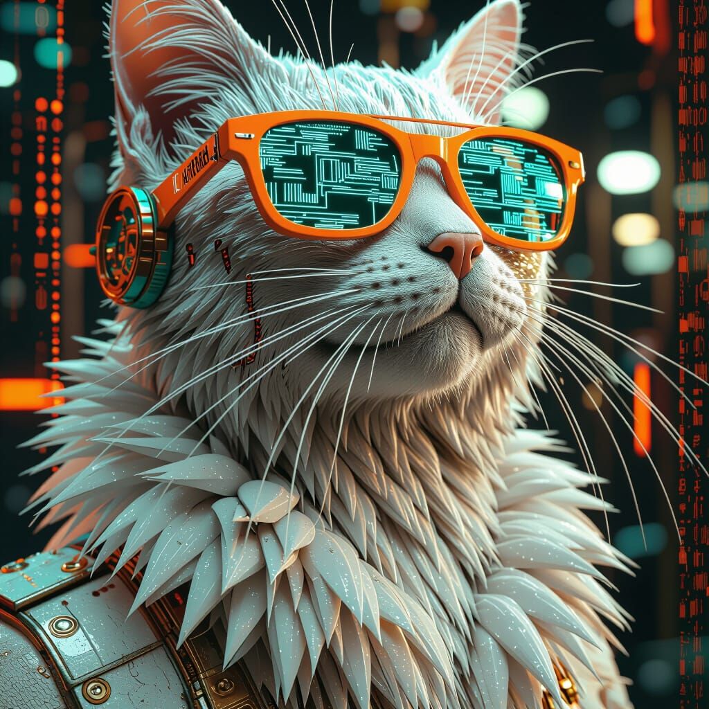 Cyberpunk Cat Head with Digital Reflections