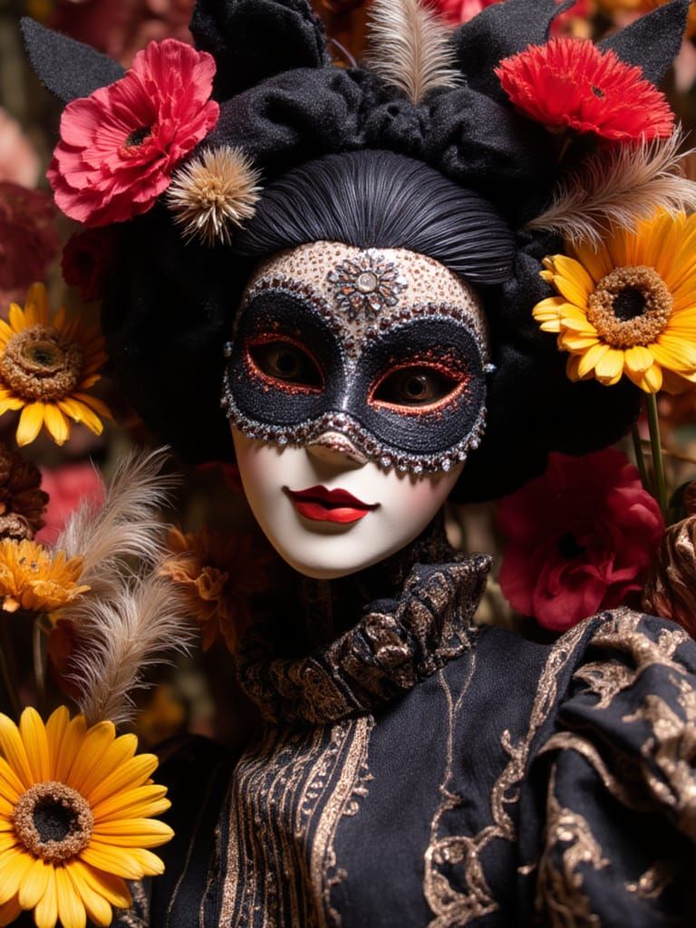 Geisha Model in Beaded Carnival Mask, 1979 Style