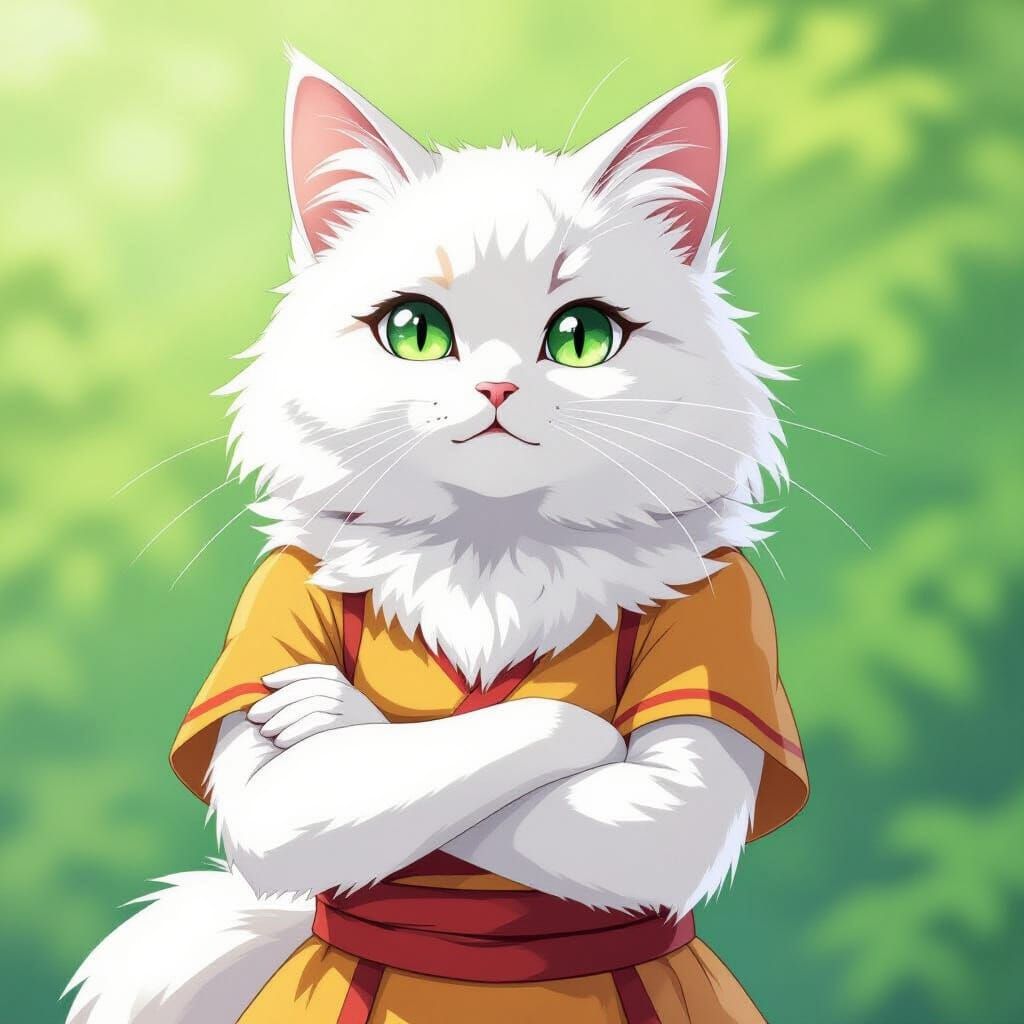Fluffy White Cat With Green Eyes, Arms Crossed