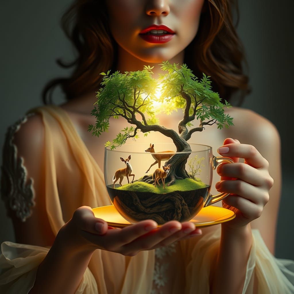 Miniature Forest Inside Coffee Cup, Cinematic Style