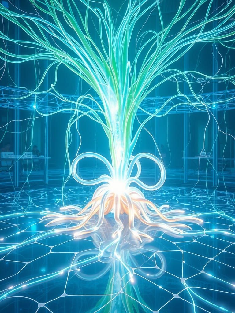 Surreal Botanical Landscape with Radiant Machinery