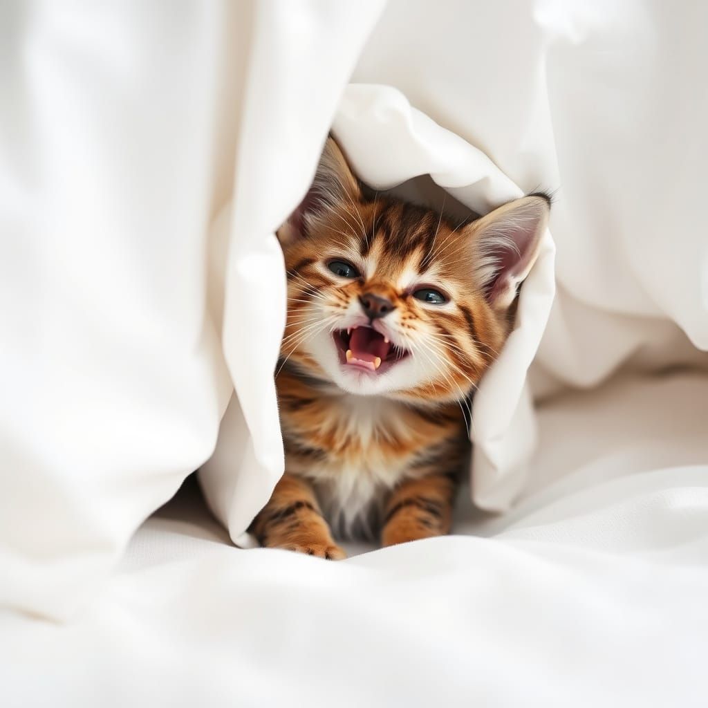Goofy Kitten Peeking from Under White Sheets