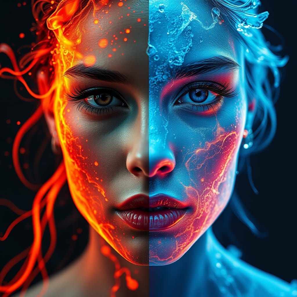 Fiery Ice Woman: Surreal Split Portrait