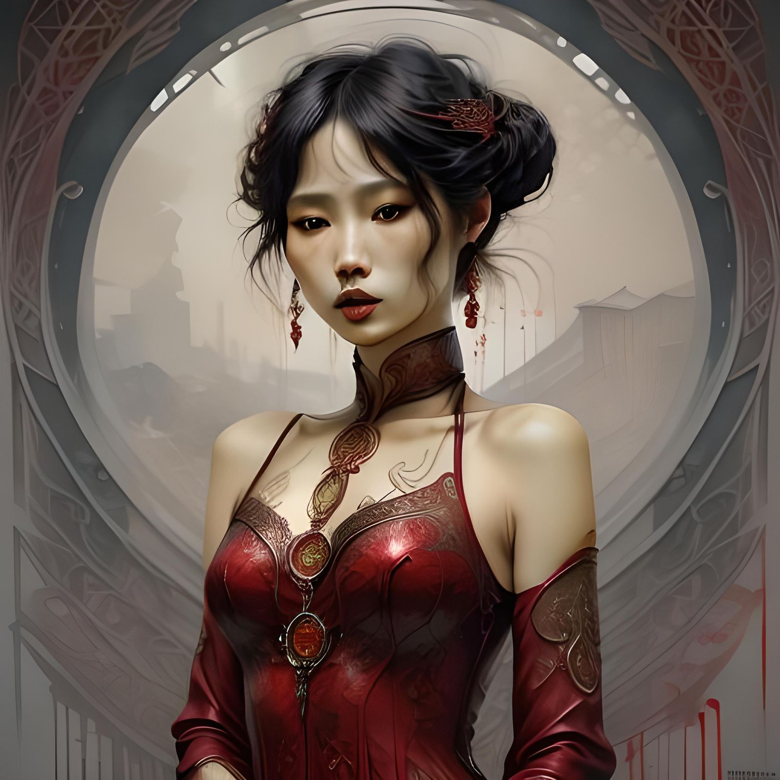 Opulent Asian Woman in Red Hues as Ink Portrait