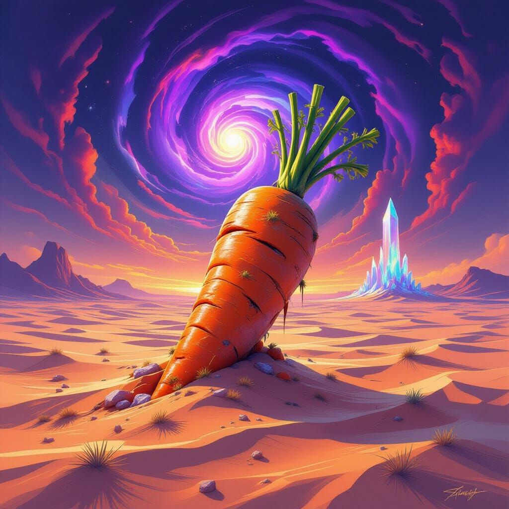 Surreal Desert Carrot Under Cosmic Sky